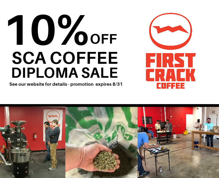 banner advertising first crack coffee 10% off SCA coffee diploma sale