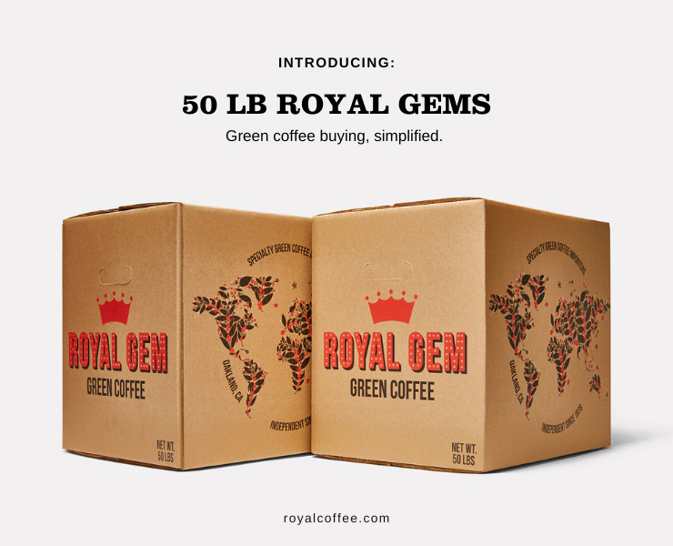 banner advertising royal coffee introducing 50lb royal gems green coffee buying simplified